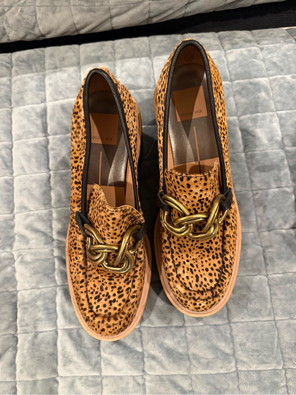 Dolce Vita Leopard-Print Loafers with Gold Chain Accent